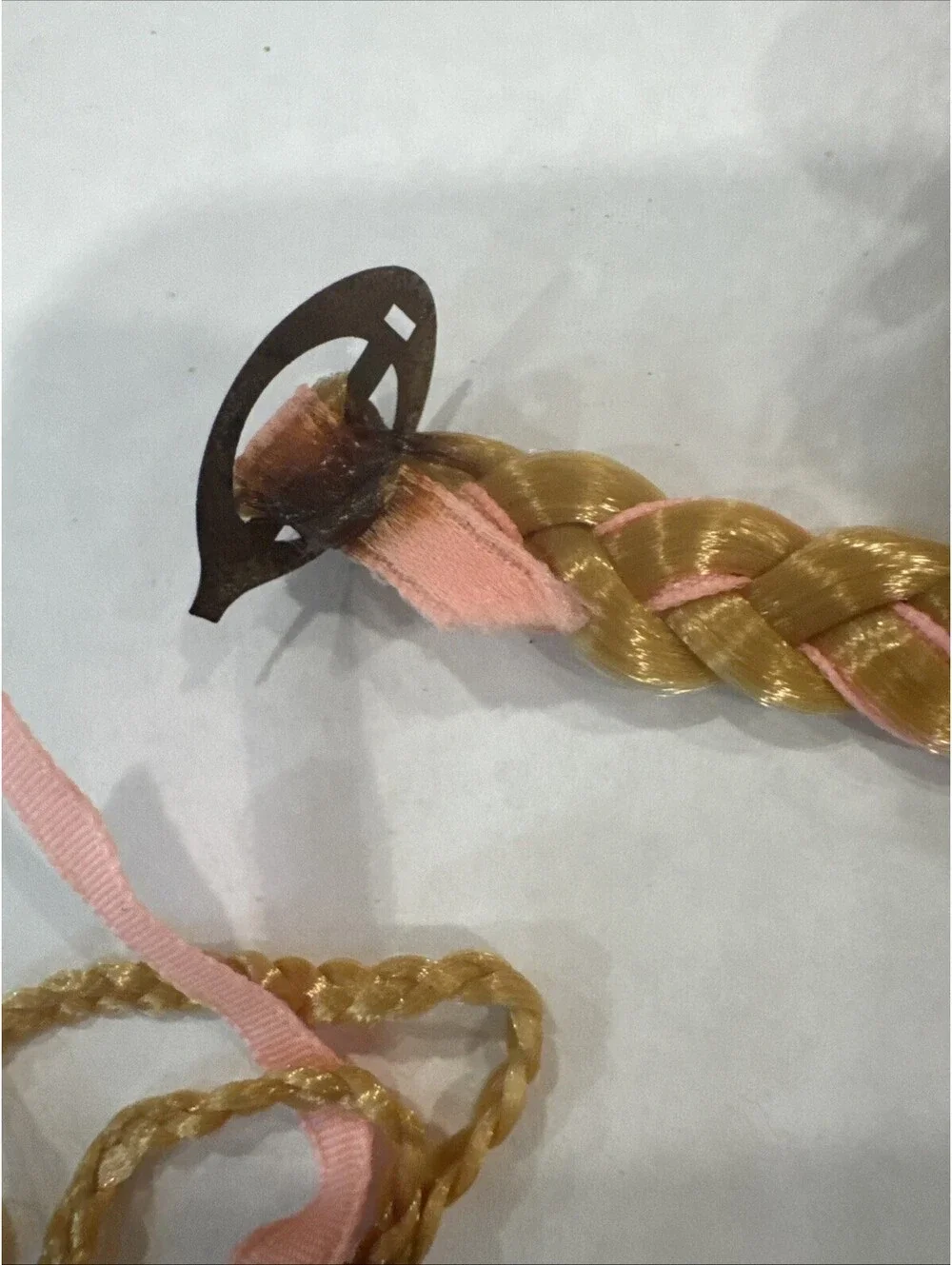 Vintage Barbie Hair Fair Long Blonde Braid with Pink Ribbon and Barrette Clip!